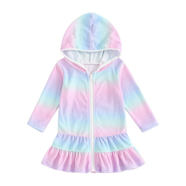 Girls Swim Cover Up Terry Zipper Hoodie Swimsuit Coverup Beach Bathing Suit Wraps Ruffled Swimwear Cover-Ups & Wraps (2-3 Years, Multicolor #1)