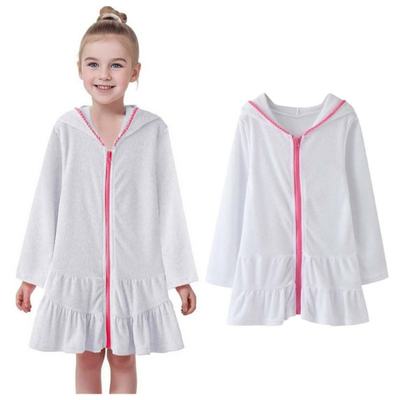 Girls Swim Cover Up Toddler Beach Towel Robe Cover Up Dress Absorbent Zip Hooded Girls Terry Cloth Bathrobe