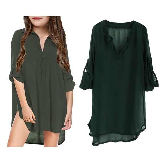 Girls Swim Cover-Up V Neck Long Sleeve Chiffon Shirt Quick Dry Beach Dress Girls Swim Suit Cover Up 6-7 Years