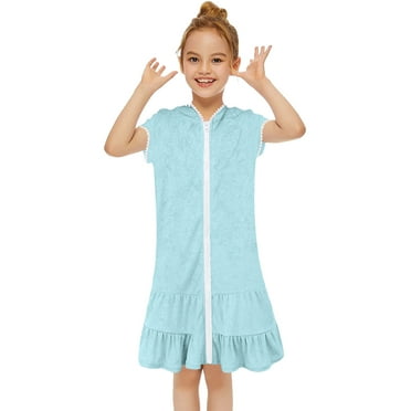 Girls Swim Cover Up Zipper Beach Pool Bathing Suit with Hooded Ruffle Bathrobe Kids Terry Cloth Bathrobe for Girls 6-7 Years