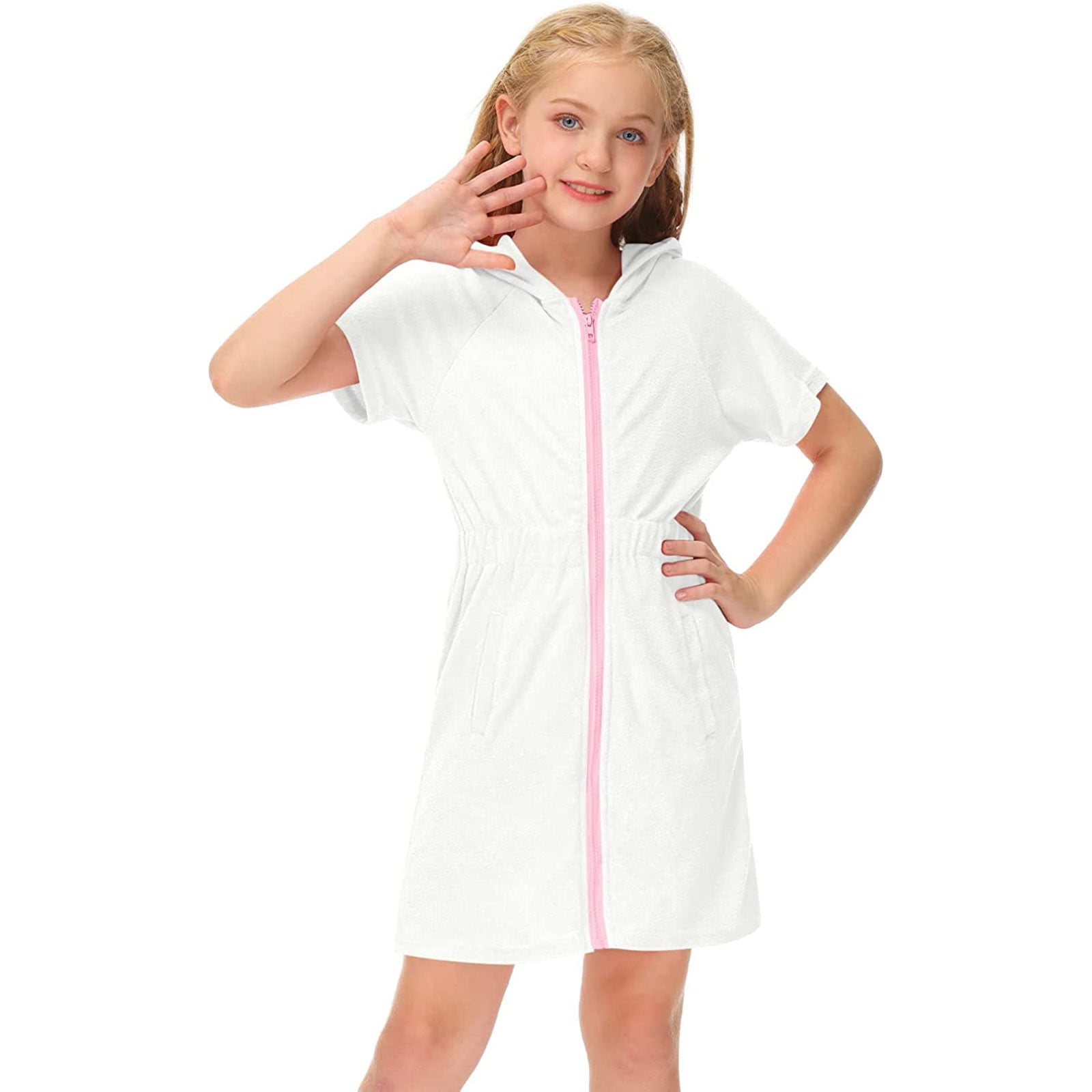 Girls Swim Cover Up - Short Sleeve Pom Pom Trim Beach Bathing Suit Wrap, Kids Bikini Cover Dress 4-13 Years