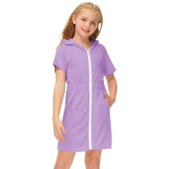 Girls Swim Cover up Zipper Hooded Bathrobe Beach Dress Terry Swimsuit Wraps Short Sleeve Pool Beach Coverup 4-5 Years