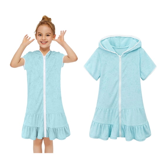 Girls Swim Coverup Short Sleeve Ruffle Girls Beach Cover Up Quick Dry Kids Hooded Beach Towel 4-5 Years