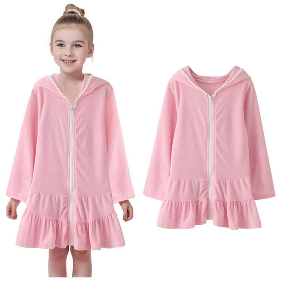 Girls Swim Coverups Toddler Beach Towel Robe Coverup Absorbent Zip Hooded Toddler Terry Cloth Bathrobe