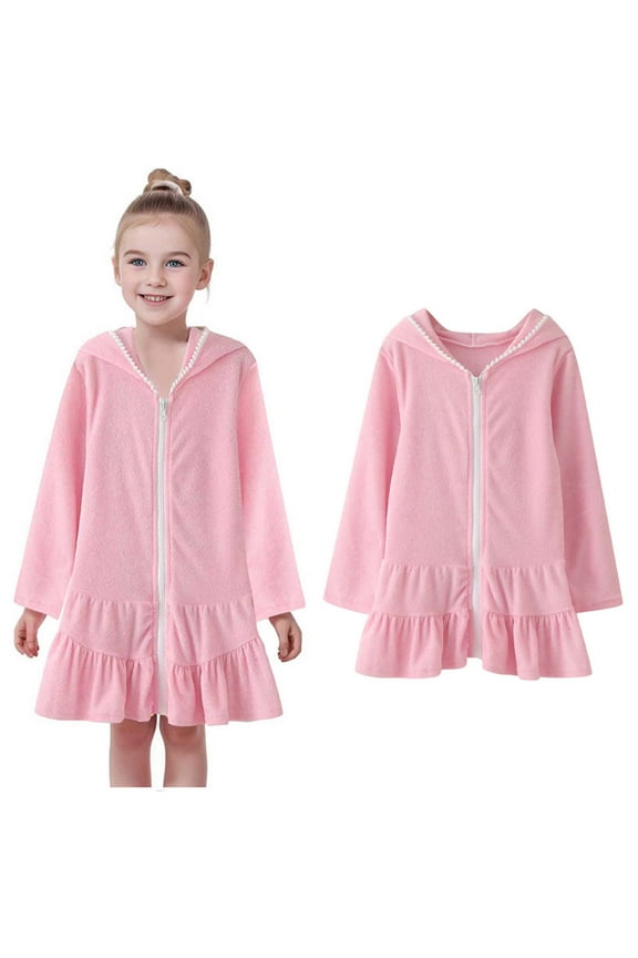Girls Swim Coverups Toddler Beach Towel Robe Coverup Absorbent Zip Hooded Toddler Terry Cloth Bathrobe