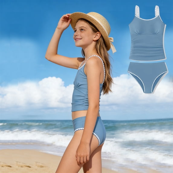 Girls' Swim Set Solid Color Contrast Trim Swimwear 2 Piece Bathing Suit Camisole with Bottomed Swimsuits for