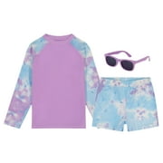 Girls Swim Set with Long Sleeve Rash Guard, Swim Shorts, Sunglasses (Purple - Tie Dye, Size 3T)
