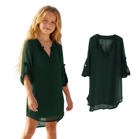 Girls Swim Suit Cover Up Crew Neck Green Girls Chiffon Cover Up Girls Swim Dresses Kids Swimsuits 4-5 Years
