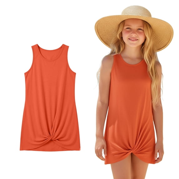 Girls Swim Suit Cover Up Summer Sleeveless Twist Front Swim Coverup Dress Girls 5-6 Years Bathing Suit