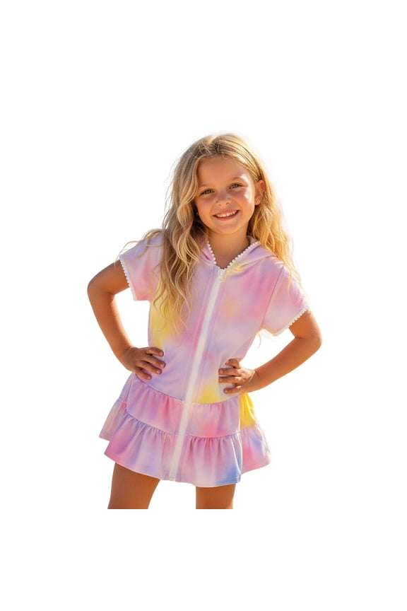 Girls Swim Suit Cover Up Zip Up Hooded Tie Dye Terry Cloth Beach Cover Up Girls Swim Dresses Bathing Suit Cover Up for Teens 5-6 Years