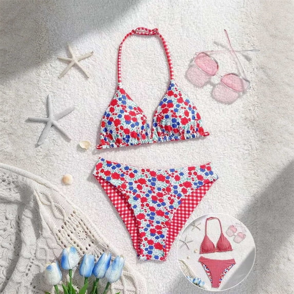 Girls Swim Suits 8-9 Girl's Tankini Swimsuits Halter Flower Metal Textured Bathing Suits 2 Piece Swimwear