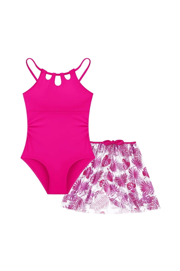 Girls Swimsiut One Piece Bathing Suit with Cover Ups Adjustable Straps Cut Out Tropical Printed Swimwear Size 7-16 Years