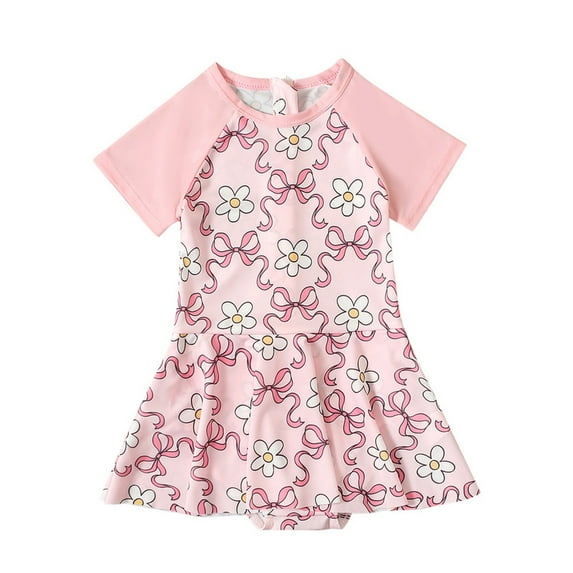 Girls Swimsiut Toddler One Piece Bow Flower Print Short Sleeve Dress Quick Dry Beach Swimwear