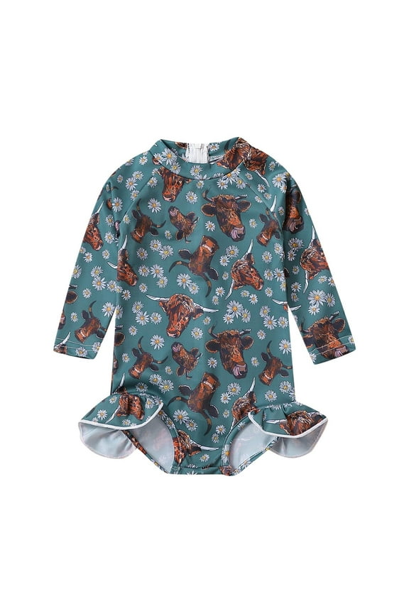 Girls Swimsiut Toddler One Piece Vintage Cartoon Print Long Sleeve Ruffle Hem Rash Guards Kids Bathing Suit