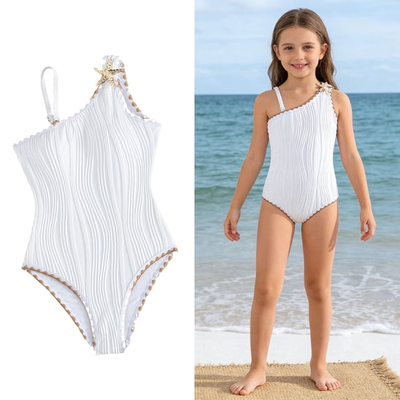 Girls Swimsuit 1 Piece Colorful Trim Bathing Suit Quick Dry Swimwear with Solid Color Bathing Suits for Tween 11-12 Years