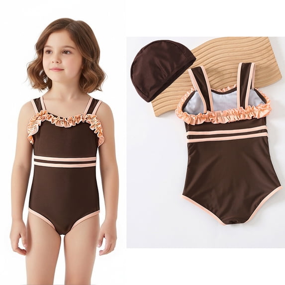 Girls Swimsuit 1 Piece Ruffle Swimming Suits Quick Dry Summer Swimwear with Swim Cap Kids Bathing Suit Girl 6-7 Years
