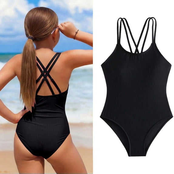Girls Swimsuit 1 Piece Sleeveless Bathing Suit Quick Dry Summer Swimwear Cross Shoulder Strap Kids Swimsuit Girl 9-10 Years