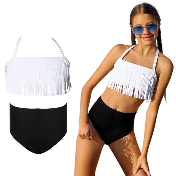 Girls Swimsuit 2 Piece Backless Halter Swimwear with Chest Pad Kids Bathing Suits for Girls 9-10 Years
