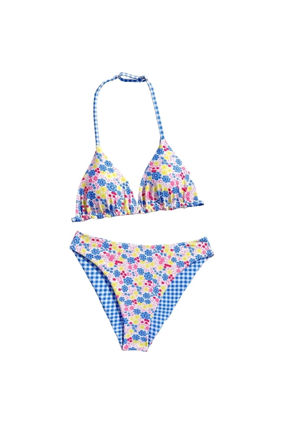 Girls Swimsuit 2 Piece Bathing Suit Criss Cross Ruched Girl Tankini Sets Printed Girls' Swimwear for 9-18 Years,Blue