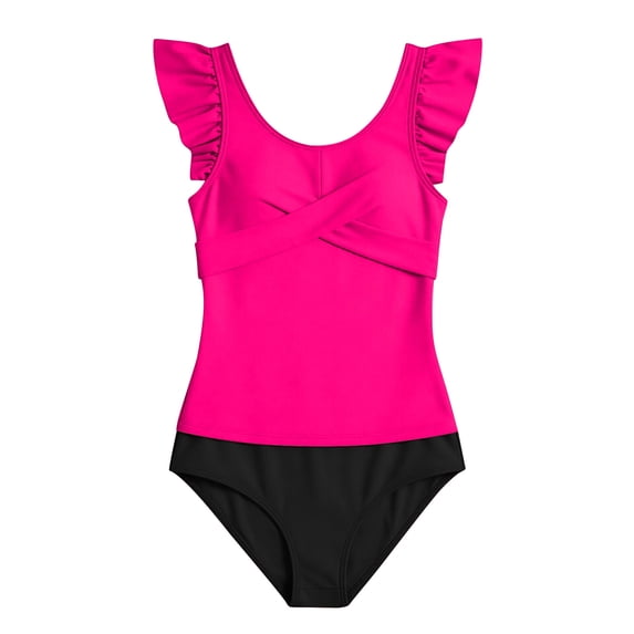 Girls Swimsuit 2 Piece Bathing Suit Criss Cross Ruched Tankini Sets High Waisted Girls' Swimwear/Hot Pink