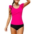 thumbnail image 1 of Girls Swimsuit 2 Piece Bathing Suit Criss Cross Ruched Tankini Sets High Waisted Girls' Swimwear for 7-16 Years(Hot Pink,8Y), 1 of 7
