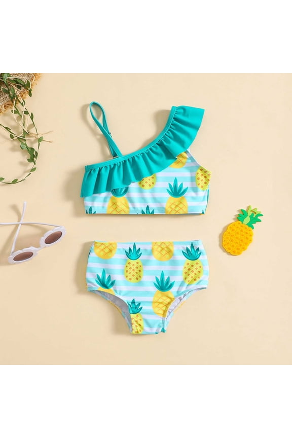 Girls Swimsuit 2 Piece Bikini Asymmetric Straps Square Neck Sleeveless Ruffle Trim Pineapple Print Top And Swim Shorts Set for Beach Girls Bathing Suits Mint Green 3 Years-4 Years