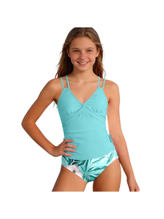 Girls Swimsuit 2 Piece Bikini Set Tropical Print Girls Bathing Suit Adjustable Straps 7-16T(Mint Green,14)