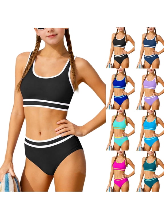 Girls Swimsuit 2 Piece Bikini Sets Double Strap High Waisted Swimwear with Padding Sporty Bathing Suits for Teen Girls Swimsuits