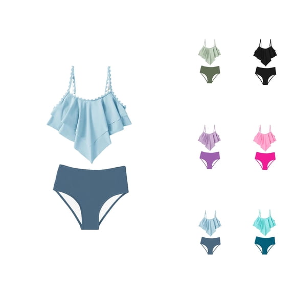 Girls Swimsuit 2 Piece Bikini Tiered Ruffled Bathing Two Piece Girls' Swimwear With Adjustable Straps