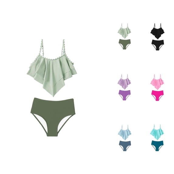Girls Swimsuit 2 Piece Bikini Tiered Ruffled Bathing Two Piece Girls' Swimwear With Adjustable Straps