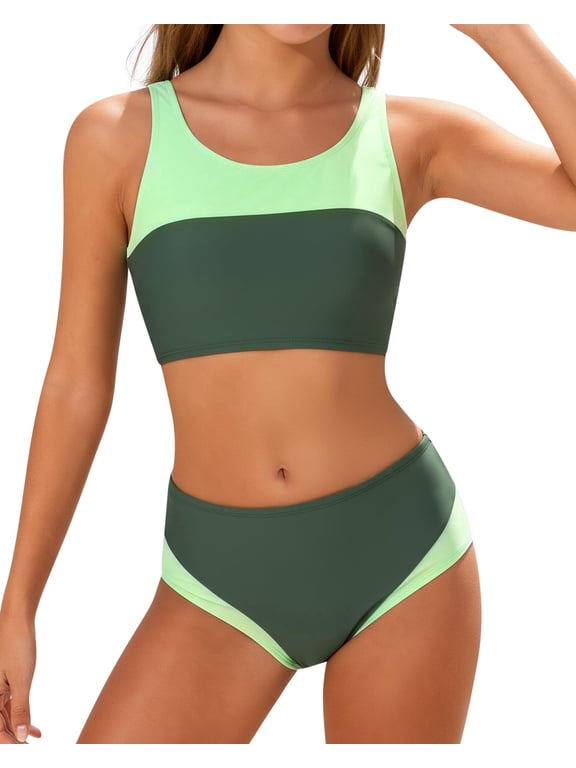 Girls Swimsuit 2 Piece Color Block Swimwear Teen Bathing Suit Girl's Bikini Set Size 9-16Y