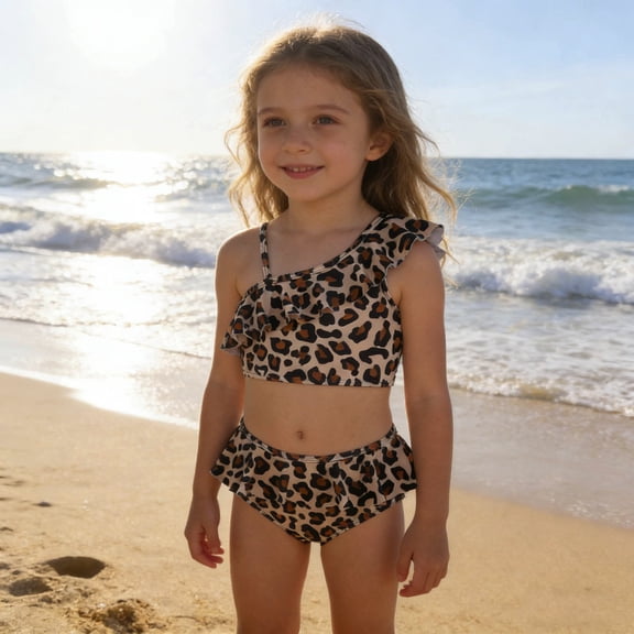 Girls Swimsuit 2 Piece Cute Leopard Print Stylish Bikini Set Ruffle Shoulder Beach Pool Summer Kids Swimwear Coffee 4-5 Y