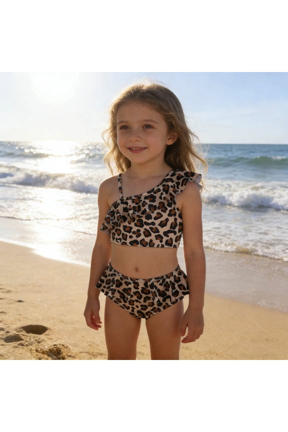 Girls Swimsuit 2 Piece Cute Leopard Print Stylish Bikini Set Ruffle Shoulder Beach Pool Summer Kids Swimwear Coffee 5-6 Y