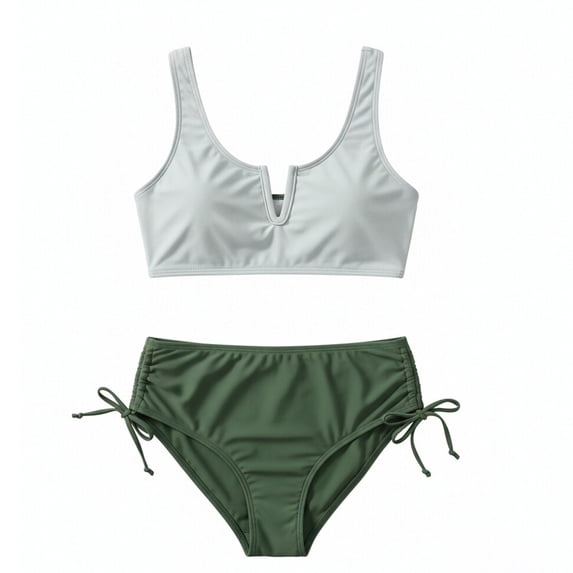 Girls Swimsuit 2 Piece Cutout Girls' Swimwear Top High Waisted Bottom Bathing Suits for Teens/Army Green/14Y