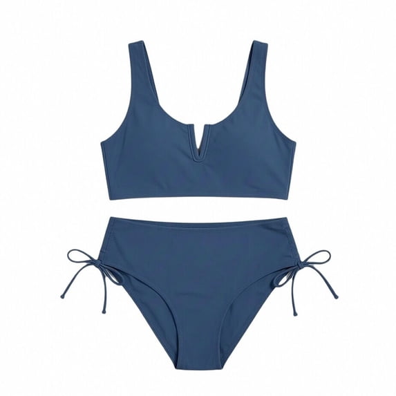 Girls Swimsuit 2 Piece Cutout Girls' Swimwear Top High Waisted Bottom Bathing Suits for Teens/Navy/8Y