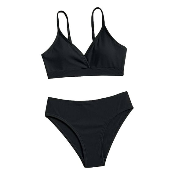 Girls Swimsuit 2 Piece High Waisted Spaghetti Strap Bikini Set Ribbed Solid Bathing Suit Beach Sport Girls' Swimwear Black 10-12 Years