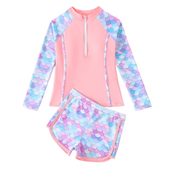 Girls Swimsuit 2 Piece Long Sleeve Zip Up Rashguard Top And Swim Shorts Swimwear Comfortable Swimming Swim Set Size 8-9 Y