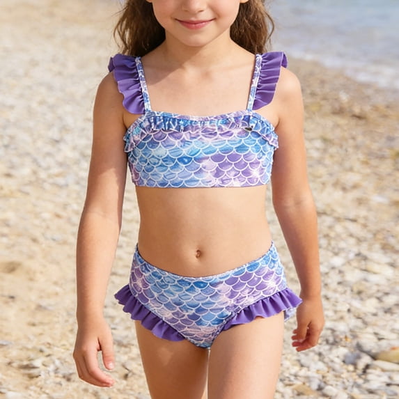Girls Swimsuit 2 Piece Ruffled Styles Solid Color Little Girls' Swimwear Squat-Proof Two Piece Swimsuit Beach Bathing Suit