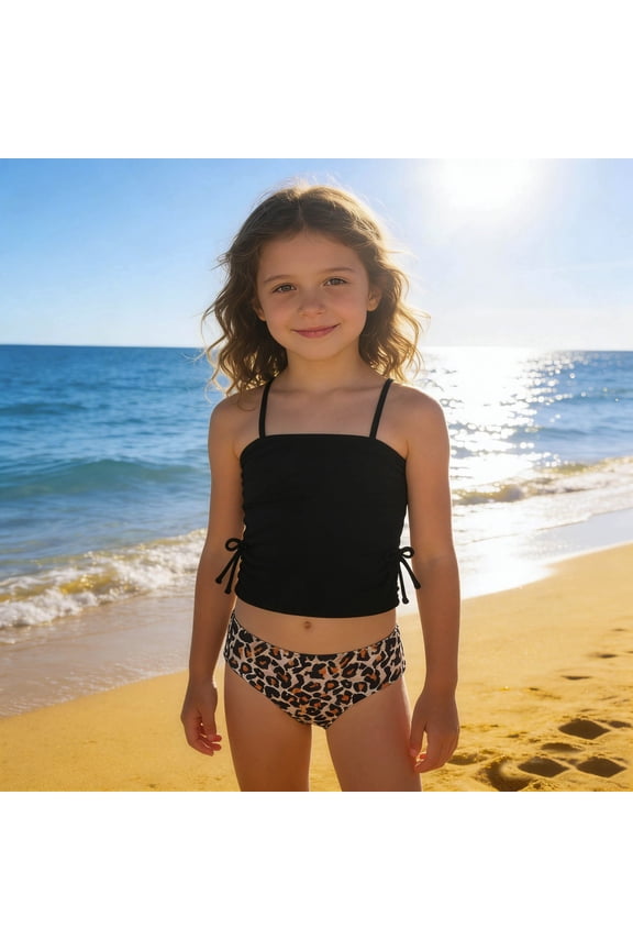 Girls Swimsuit 2 Piece Swimwear Leopard Print Bikini Bottom Tankini Top Beach Pool Summer Kids Outfits Black 9-10 Y
