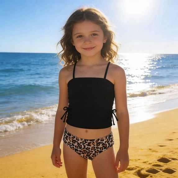 Girls Swimsuit 2 Piece Swimwear Leopard Print Bikini Bottom Tankini Top Beach Pool Summer Kids Outfits Black 9-10 Y