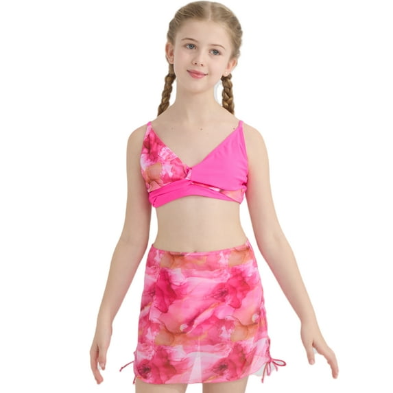 Ardorlove Girls Swimsuit 3 Pcs Tropical Print Bathing Suits Swimwear Cover Up Skirt Kids Teen Bathing Suit 7-16 Years