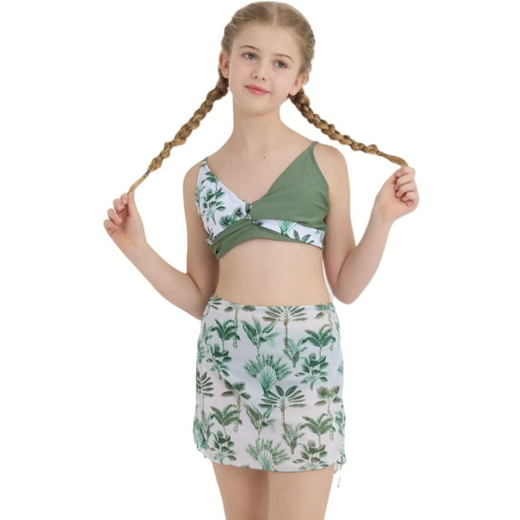 Ardorlove Girls Swimsuit 3 Pcs Tropical Print Bathing Suits Swimwear Cover Up Skirt Kids Teen Bathing Suit 7-16 Years