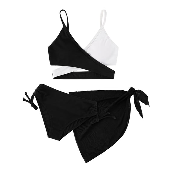Girls Swimsuit 3 Piece Bathing Suits Criss Cross Color Block High Waisted Bikini Set with Beach Cover Up Girls' Swimwear