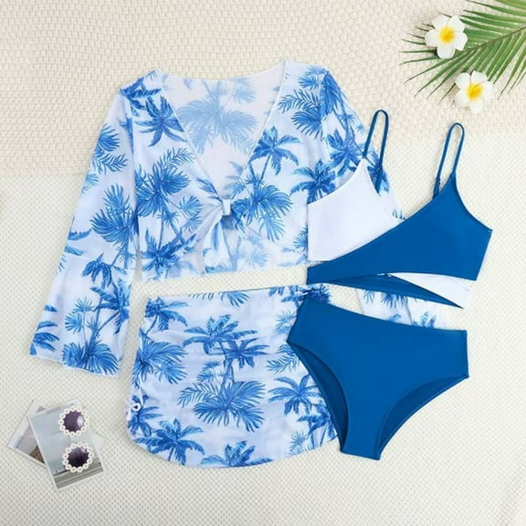 Girls Swimsuit 3 Piece Bikini Set Sleeveless Sweet Print Bathing Suit Briefs Sky Blue 7-8 Years