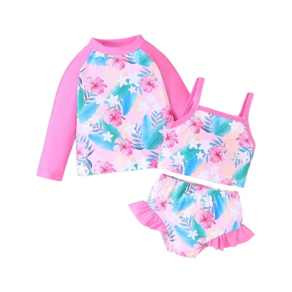 Girls Swimsuit 3 Piece Cover Up Kids Two Piece Floral Scale Print Top Shorts Kids Set