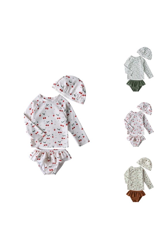 Girls Swimsuit 3 Piece Rash Guard Kids Girls Floral Swimming Suit with Swim Trunk and Cap Sun Protection Bathing Suit for Toddler Girls