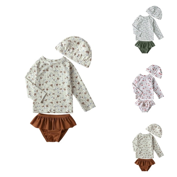 Girls Swimsuit 3 Piece Rash Guard Kids Girls Floral Swimming Suit with Swim Trunk and Cap Sun Protection Bathing Suit for Toddler Girls