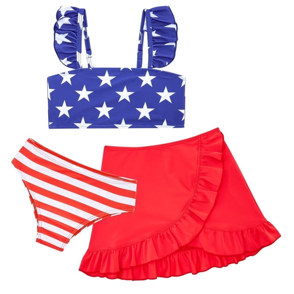 Aideaone Girls 3 Piece Bating Suit USA Flag 4th of July Swimsuit Ruffle Skirt Adjustable Straps Cute Independence Day Tankini for Kids