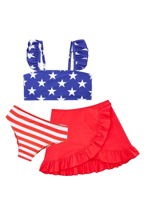 Girls 3 Piece Bating Suit USA Flag 4th of July Swimsuit Ruffle Skirt Adjustable Straps Cute Independence Day Tankini for Kids
