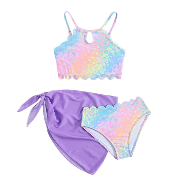 Girls Swimsuit 3 Piece Summer Bikini with Bright And Colorful Printed Front Side Straps Backless Top And Bottom Skirt Size 4-5 Y